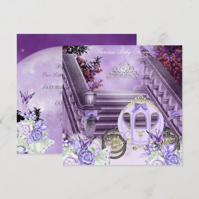 Invitation Baby shower fille Princesse Carriage Lavande (Devant / Derrière)