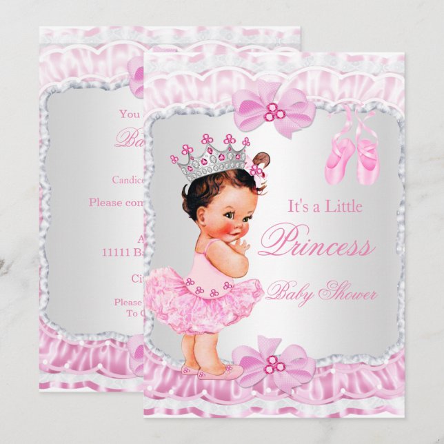 Invitation Baby Shower Fille Princesse Rose Ballerine Brune (Devant / Derrière)
