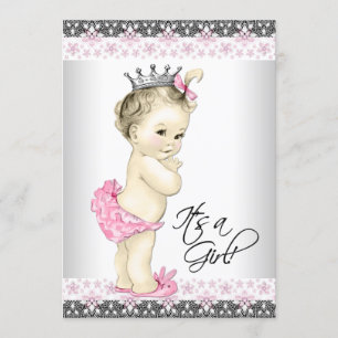 Invitation Baby Shower Fille Princesse Rose et Grise Vintage