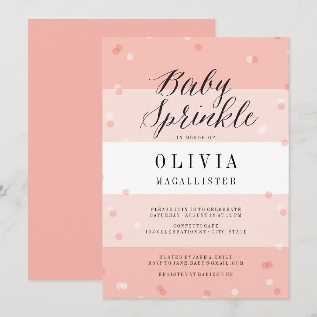 Invitation Baby Shower Fille Rayures Rose Confetti (Devant / Derrière)