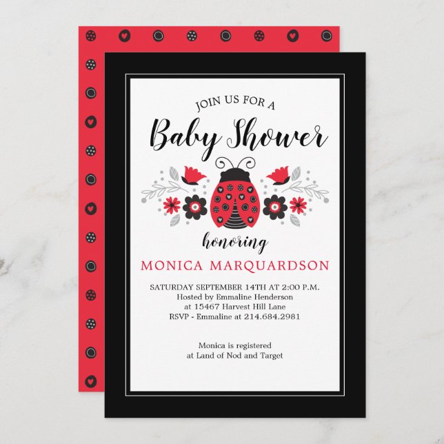 Invitation Baby shower fille Red Ladybug mignon (Devant / Derrière)