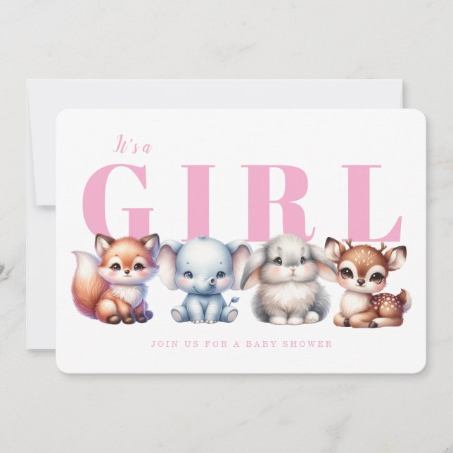 Invitation Baby shower fille rose animal mignonne (Devant)