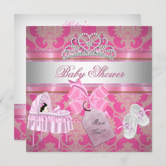 Invitation Baby shower fille rose blanc princesse (Devant / Derrière)