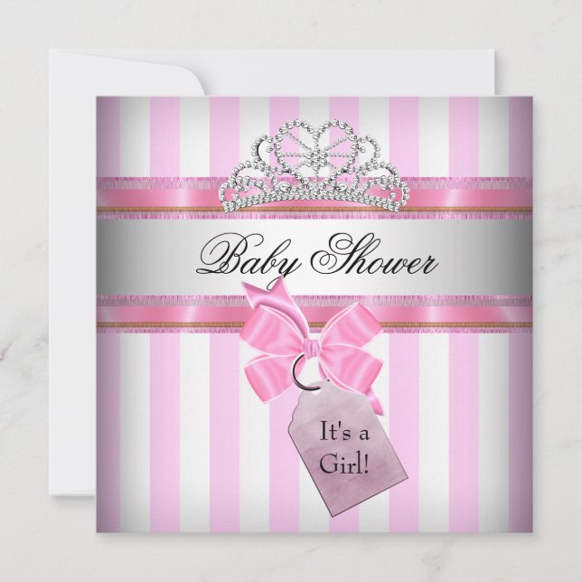 Invitation Baby shower fille rose blanc rayure princesse (Devant)