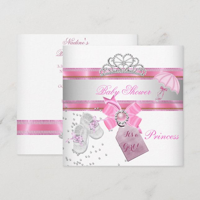 Invitation Baby shower fille rose blanche Princesse Tiara Mag (Devant / Derrière)