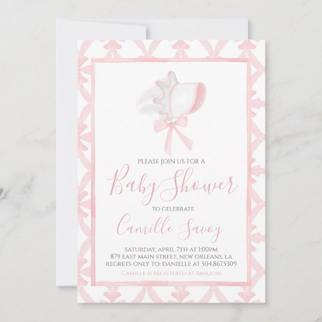 Invitation Baby shower fille rose Bonnet Preppy Sud (Devant)