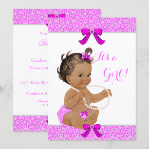Invitation Baby Shower Fille Rose Chaud Léopard Perles Brunet