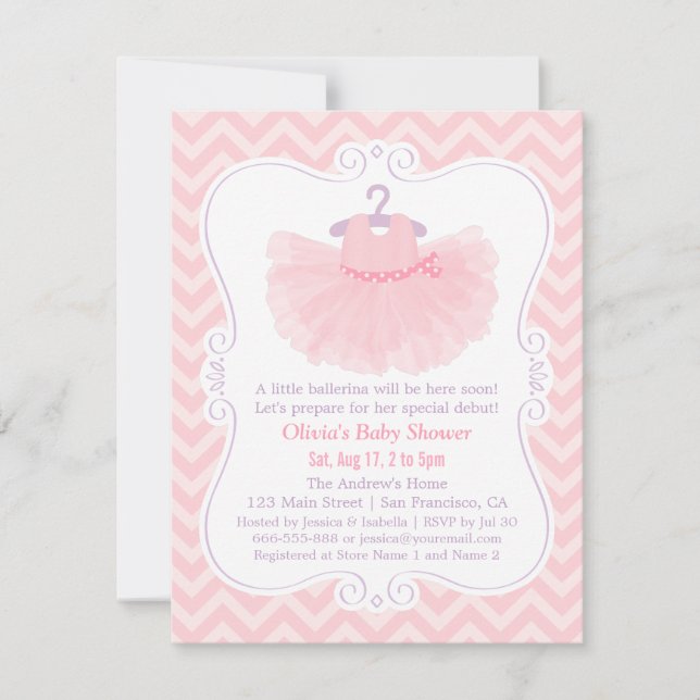 Invitation Baby shower fille rose Chevron Ballerina Tutu (Devant)