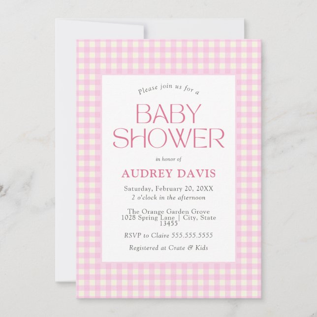 Invitation Baby shower fille rose classique En vichy (Devant)