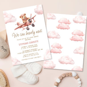 Invitation Baby shower fille rose de l'avion mignonne ours