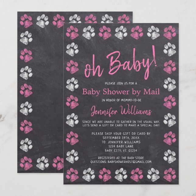 Invitation Baby shower fille rose Empreinte de patte Chalkboa (Devant / Derrière)