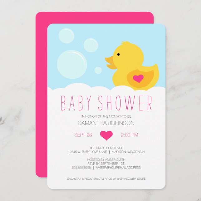 Invitation Baby shower fille rose en caoutchouc (Devant / Derrière)