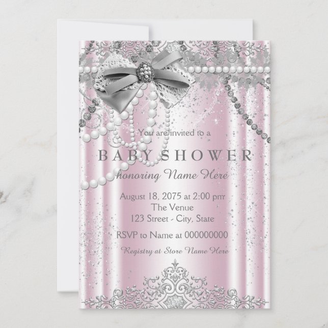Invitation Baby shower fille rose et gris Pearl (Devant)