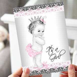 Invitation Baby Shower Fille Rose et Gris Vintage