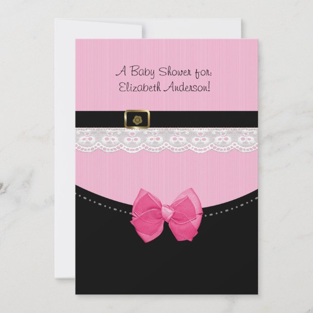 Invitation Baby shower Fille Rose Et Noir Chaussures Bébé (Devant)