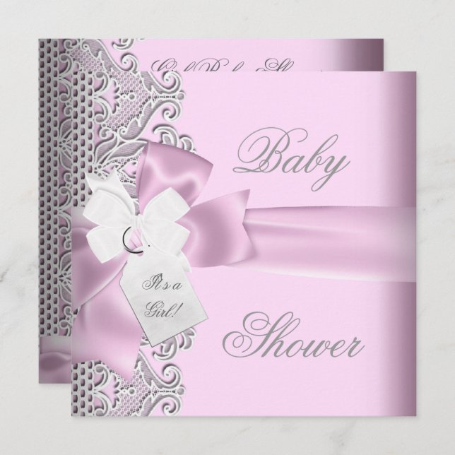 Invitation Baby shower fille rose gris blanc dentelle (Devant / Derrière)