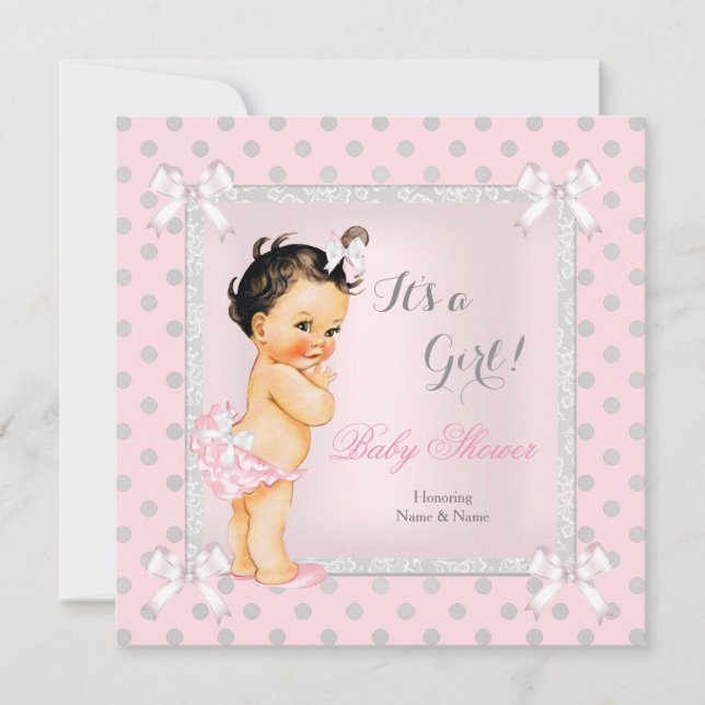 Invitation Baby shower Fille rose Gris Polka Dot Brunette (Devant)