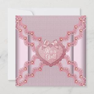 Invitation Baby Shower Fille Rose Lace Perle Rose Cœur