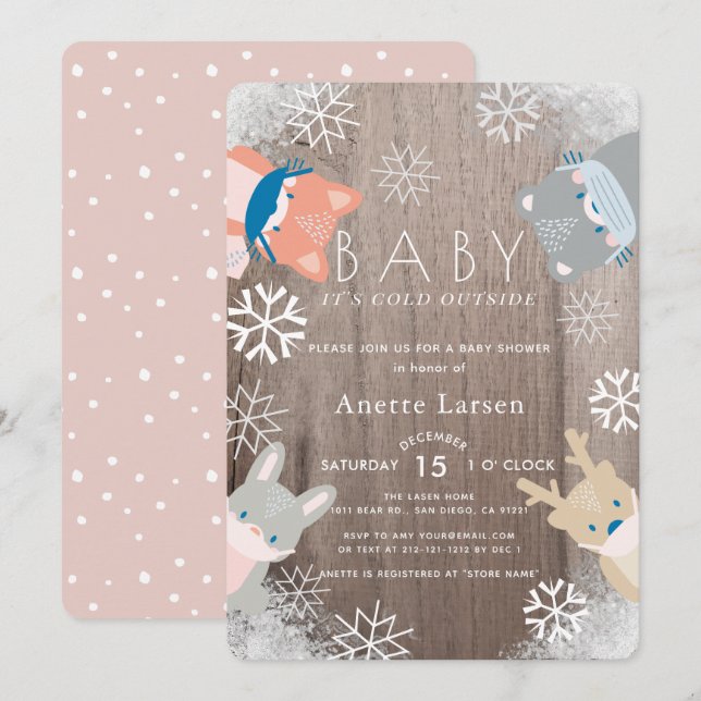 Invitation Baby shower Fille Rose Masque Animaux Bois (Devant / Derrière)
