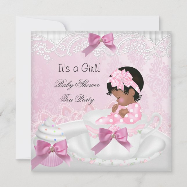Invitation Baby shower fille rose mignonne bébé tasse de thé  (Devant)