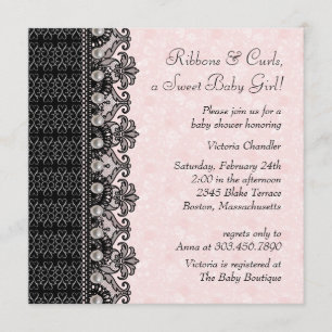 Invitation Baby Shower Fille Rose Noir Dentelle Perles