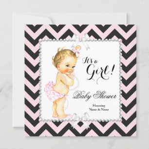 Invitation Baby Shower Fille Rose Noir Rayure Blanche Blonde