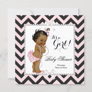 Invitation Baby Shower Fille Rose Noir Rayure Blanche Ethniqu