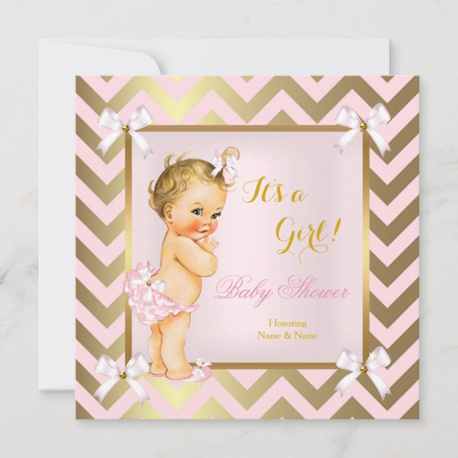 Invitation Baby shower fille rose or Chevron Blonde (Devant)