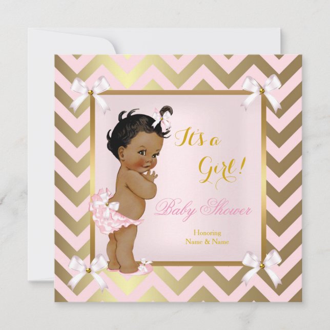 Invitation Baby shower fille rose or Chevron Ethnic (Devant)