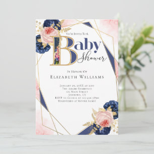 Invitation Baby shower Fille Rose or Marine Blue Flower