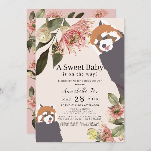 Invitation Baby shower Fille Rose Panda Rouge (Devant / Derrière)
