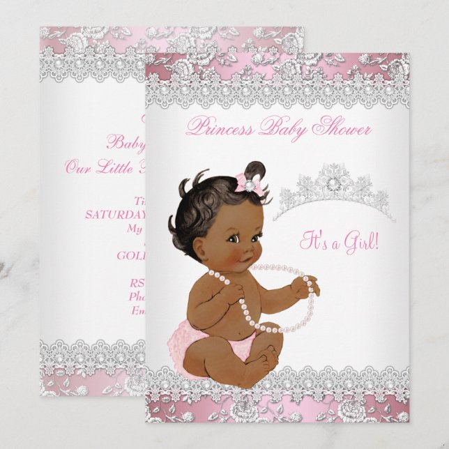 Invitation Baby shower fille rose Pearl argent Rose ethnique (Devant / Derrière)