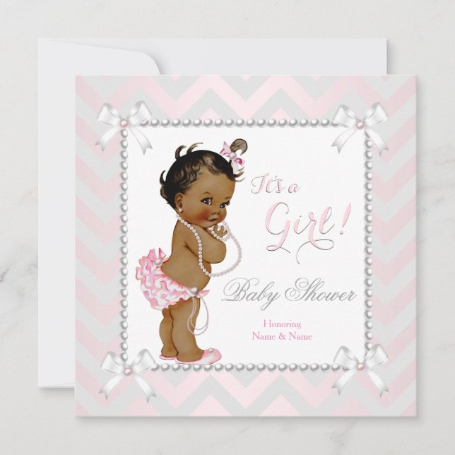 Invitation Baby shower fille rose Pearl gris blanc ethnique (Devant)