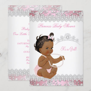 Invitation Baby Shower Fille Rose Perle Argent Rose Ethnique