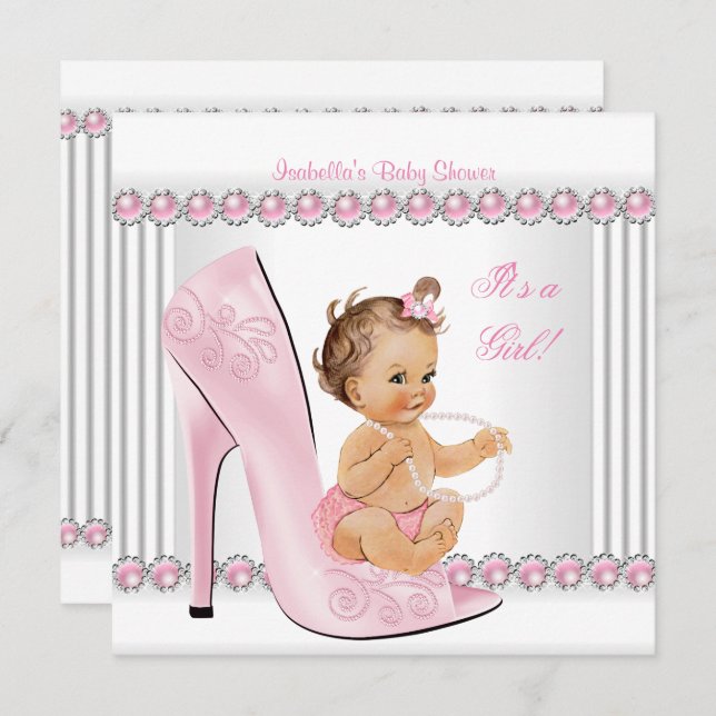Invitation Baby shower fille rose perle haute talon chaussure (Devant / Derrière)