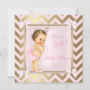 Invitation Baby Shower Fille Rose Perle Or Chevron Brune