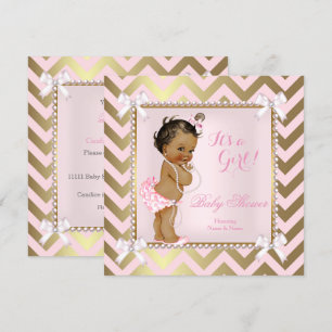 Invitation Baby Shower Fille Rose Perle Or Chevron Ethnique