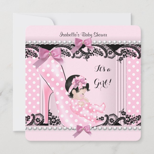 Invitation Baby shower fille rose Pois haute talon Chaussure (Devant)