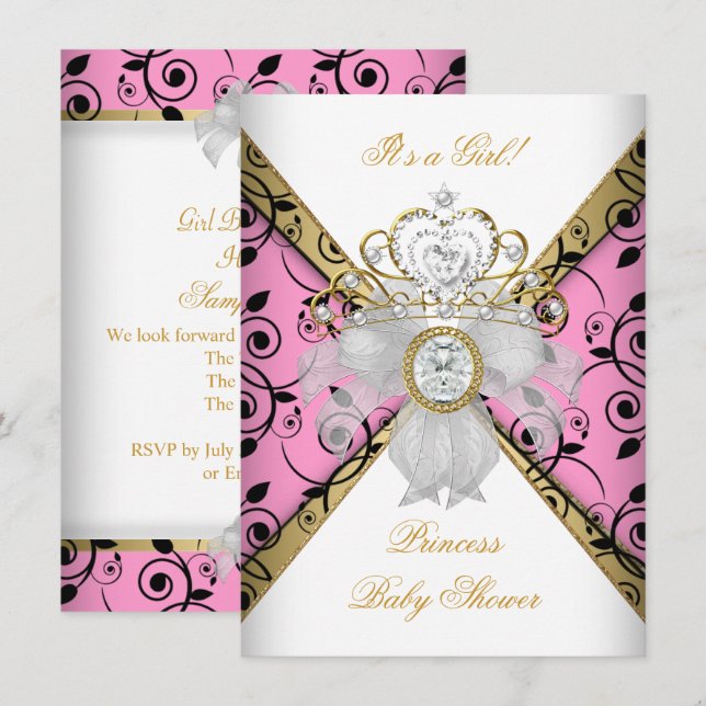 Invitation Baby shower fille rose princesse Damas noir (Devant / Derrière)