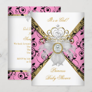 Invitation Baby Shower Fille Rose Princesse Damask Noir