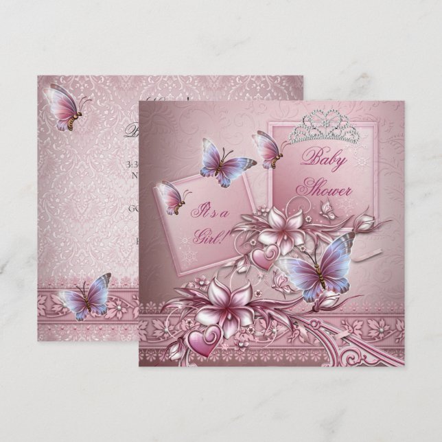 Invitation Baby shower fille rose princesse papillon (Devant / Derrière)