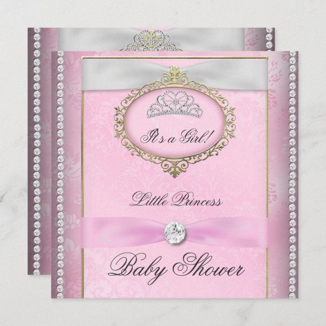 Invitation Baby shower fille rose princesse Tiara Diamond (Devant / Derrière)