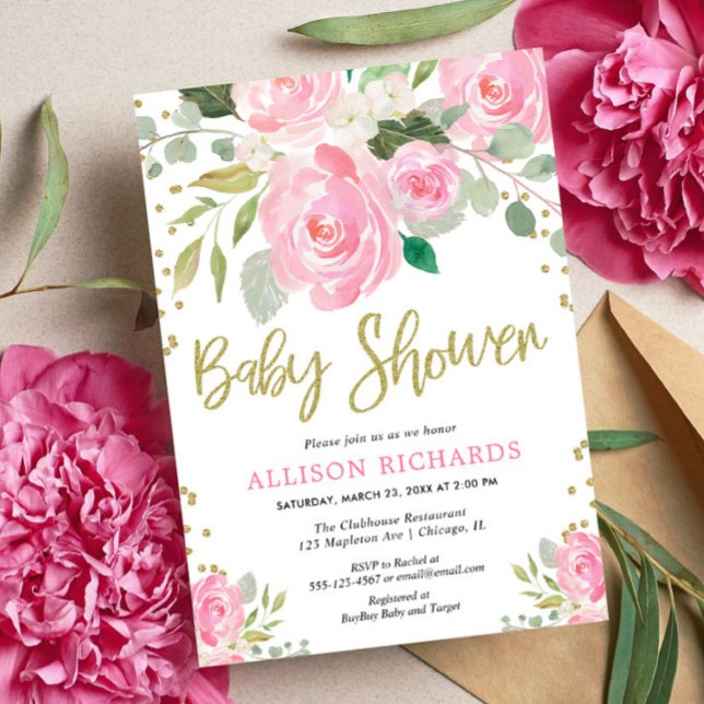 Invitation Baby shower fille rose rose et or (Créateur téléchargé)