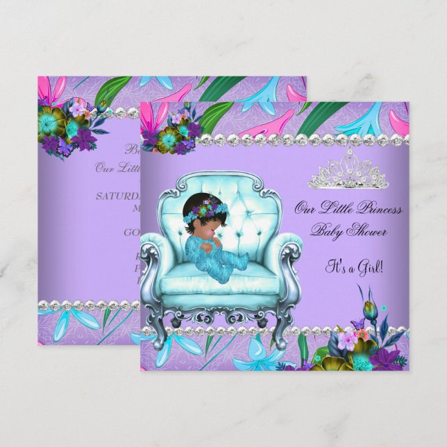 Invitation Baby shower Fille rose Turquoise bleu violet chais (Devant / Derrière)
