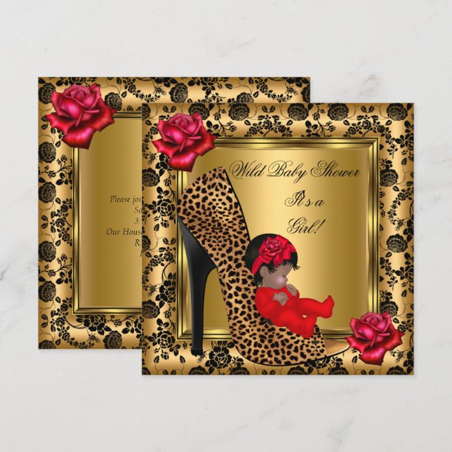 Invitation Baby shower fille Roses rouges Léopard sauvage or  (Devant / Derrière)