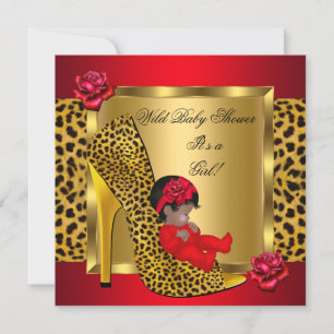 Invitation Baby Shower Fille Roses Rouges Or Léopard Sauvage 