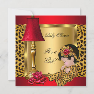 Invitation Baby shower fille rouge or Roses léopard