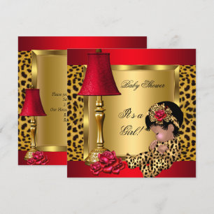Invitation Baby Shower Fille Rouge Or Roses Léopard AA