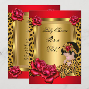 Invitation Baby Shower Fille Rouge Or Roses Léopard Personnal