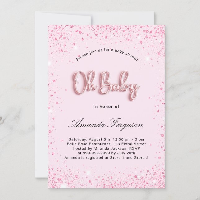 Invitation Baby shower fille rousse parties scintillant rose  (Devant)
